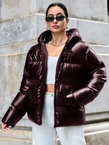 SHEIN Tall Tall Hooded Pu Leather Down Jacket With Zipper, Slanted Pockets And Drawstrings - Burgundy - View 3