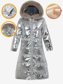 Tween Girl Silver Plush Hat Padded Coat