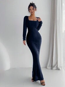 Chiquease 优雅纯色美人鱼修身长裙，秋冬长款女装 - 藏蓝色 - 查看 5