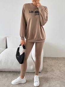 SHEIN Essnce 2 件套女士休闲运动卫衣套装 - 駝色 - 查看 3