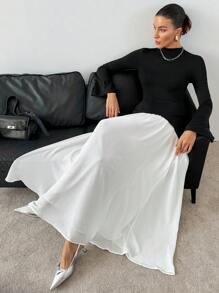 SHEIN Essnce 女士优雅双色漏斗领喇叭袖二合一超长连衣裙、礼服、女士正装、新年前夜连衣裙、黑白、长裙、 - 黑與白 - 查看 6