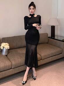 DAZY 亮片鱼尾摆中长鸡尾酒礼服，修身小黑裙，新年舞会礼服，荷叶边，秋季长袖连衣裙，奢华优雅女士闪亮连衣裙 - 黑色 - 查看 9