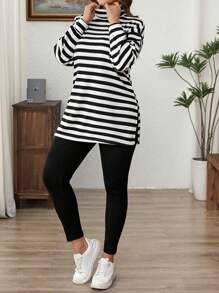 SHEIN LUNE 2pcs Plus Size Women Striped Turtleneck Long Sleeve Split Top And Solid Color Leggings Casual Set,White Autumn Basic Everyday Winter Holiday Outfit - Black and White - View 5
