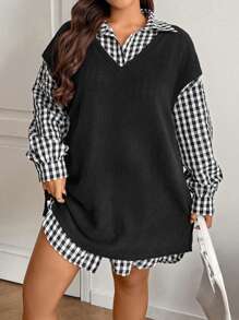 SHEIN EZwear Plus Size 2pcs/Set Plaid Print Dress And Vest Suit For Casual Daily Wear, Autumn