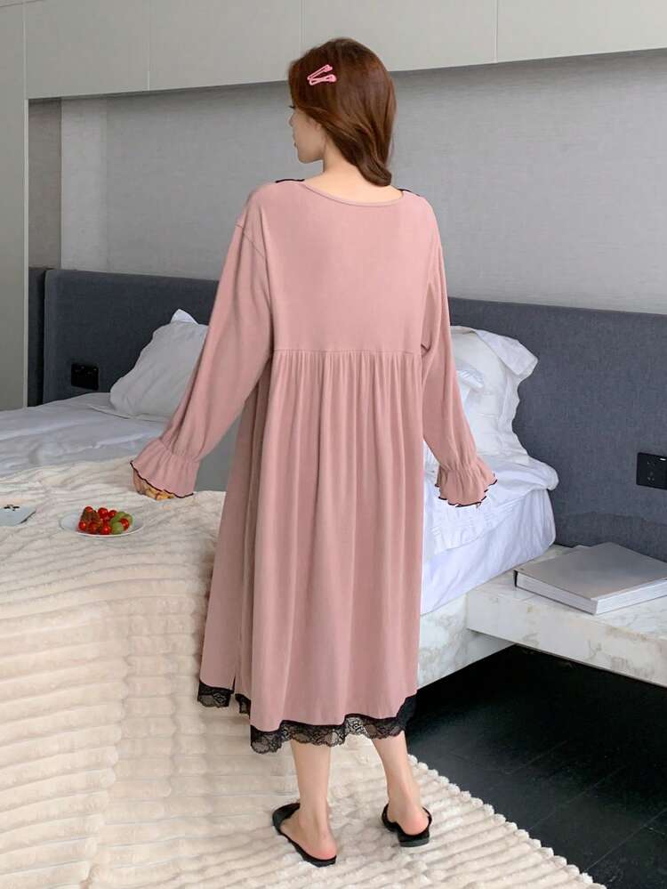 Contrast Lace Patchwork Ruffle Hem Loose Nightgown Pajama