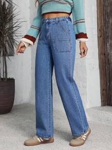 SHEIN LUNE 女式纯色口袋休闲直筒牛仔裤 - 藍色 - 查看 3