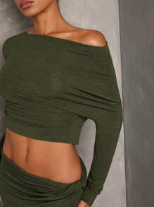 SHEIN BAE 女士灰色纯色约会之夜套装 - 简约优雅舒适不对称领口褶饰上衣和低腰扭纹针织裙，优雅两件套/秋季两件套/上衣和裙子套装/针织套装 - 軍綠色 - 查看 4