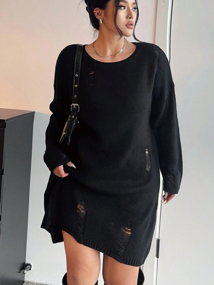 Flirla Đầm len dài tay cổ tròn thả vai màu trơn cỡ lớn cho nữ, mới thu đông - màu đen - Xem 1