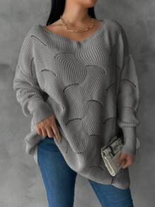 EURMUSE Plus Size Solid V-Neck Hollow Out Casual Pullover Sweater - Grey - View 1