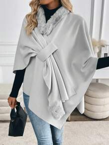 SHEIN Clasi Loose Sweater Coat With Fur Collar Cape Poncho