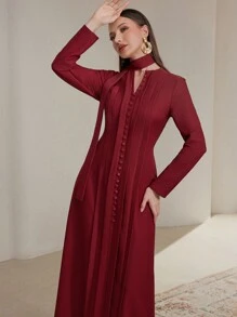 Modelyn 1pc Women Arabian Notched Neck Button Long Sleeve Elegant Solid Color Modest Dress, Burgundy Long Evening Dresses - Burgundy - View 7
