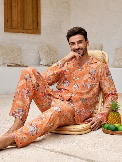 Manfinity ChillVibe 男士全印花翻领长袖衬衫和裤子睡衣套装