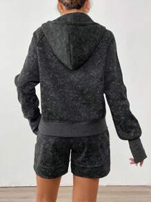 SHEIN LUNE Chaqueta con capucha con cremallera y bolsillos talla grande pantalones cortos acolchados en 2 piezas, elaborados con tejido suave texturizado con copos de nieve, cómodos para uso casual, deportivo y en casa durante otoño/invierno para mujer