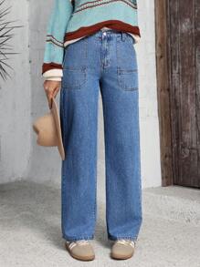 SHEIN LUNE 女式纯色口袋休闲直筒牛仔裤 - 藍色 - 查看 4