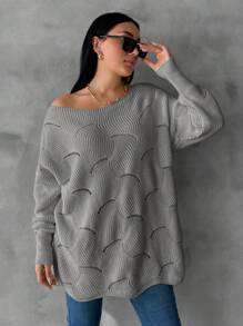 EURMUSE Plus Size Solid V-Neck Hollow Out Casual Pullover Sweater - Grey - View 3