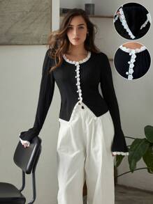 SHEIN X Angie Costa SHEIN Clasi 1pc Women Elegant Fake Collar Flare Long Sleeve T-Shirt, Casual Lace Trim Top, Black
