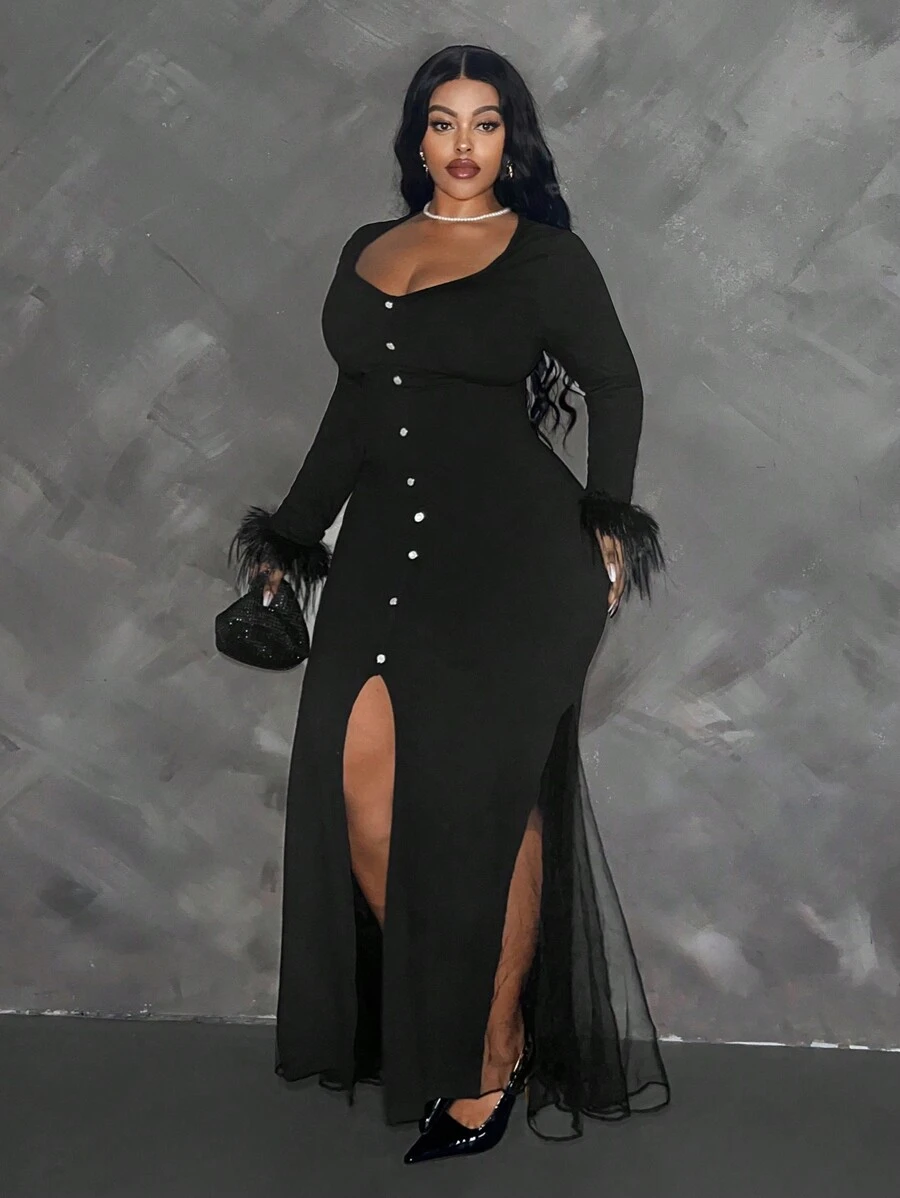 Maweii Đầm dệt kim chắp vá cổ chữ V tay dài màu trơn thường ngày cỡ lớn cho nữ - màu đen - Xem 1