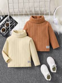 SHEIN 2 件装幼儿婴儿男童服装男童针织高领纯色长袖 T 恤，秋冬季休闲舒适服装 - 棕色 - 查看 1