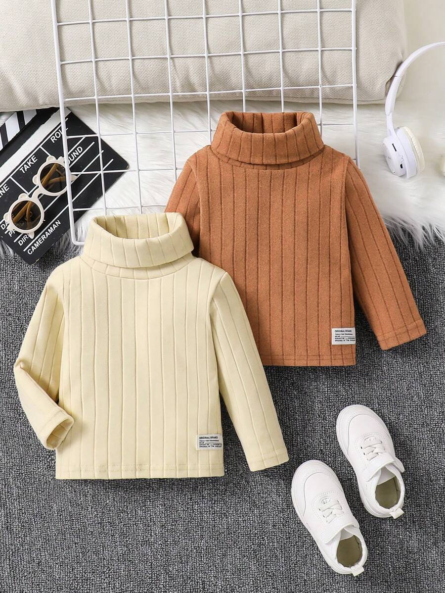 SHEIN 2 件装幼儿婴儿男童服装男童针织高领纯色长袖 T 恤，秋冬季休闲舒适服装 - 棕色 - 查看 1