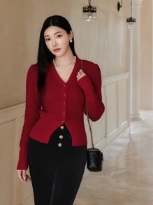 EastFlair 女士红色V领圣诞毛衣开衫，厚实柔软，收腰设计，高端，秋冬 - 紅色 - 查看 3