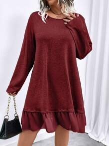 SHEIN LUNE Plus Size Women Solid Color Round Neck Long Sleeve Ruffle Hem Casual Dress, Autumn Burgundy Color Women Outfit