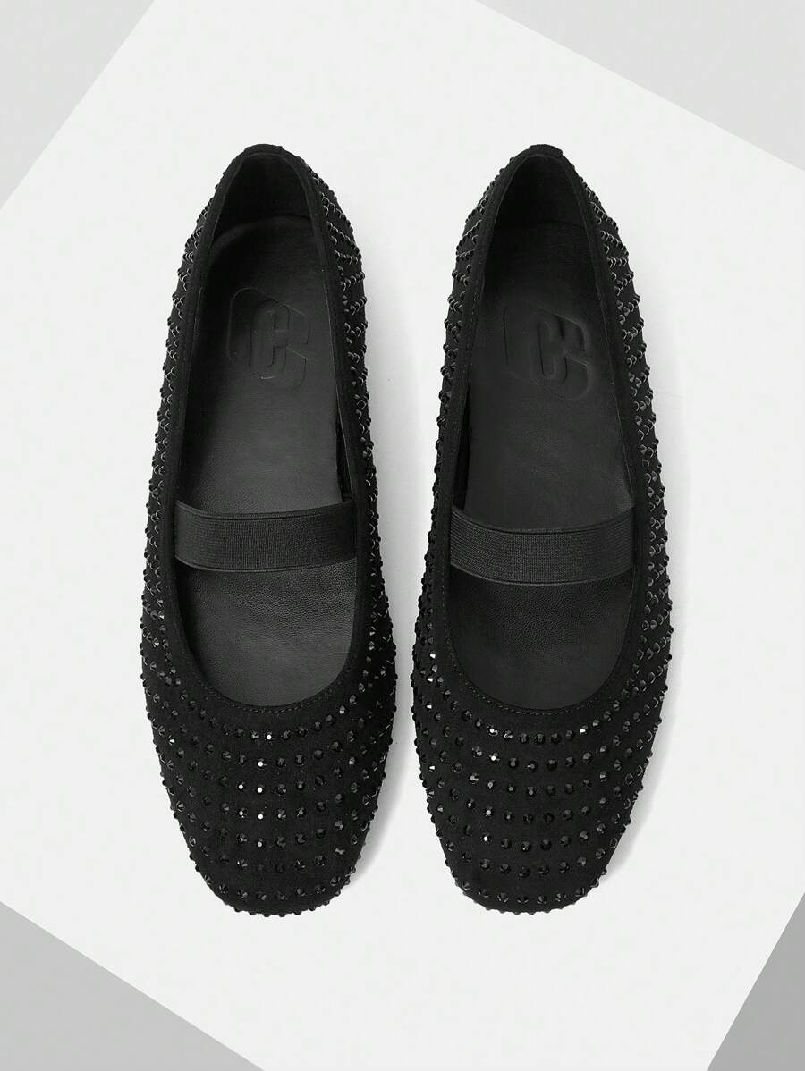 CUCCOO CHICEST "Women's Black Sparkly Rhinestone Mary Jane Flats - Office Commute Daily Shoes" For Christmas Elegant Shoes - Black - View 1