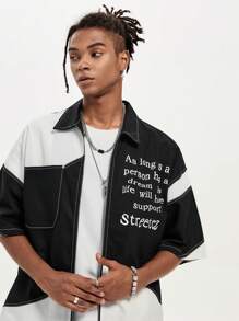 Manfinity VCAY Camisa de manga corta casual de hombre con impresión de eslogan, hombros caídos, suelta y de tejido, para verano y uso casual. Camisa ancha de bloques de color y letras