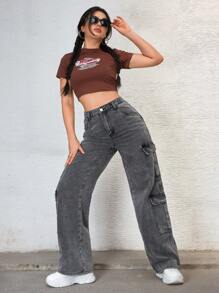 SHEIN EZwear 女士夏季拉链门襟翻盖口袋工装牛仔裤