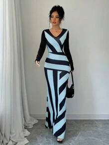 Elenzga Robe longue côtelée moulante à rayures noir et blanc - Bleu azur - Voir 5