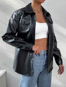 翻蓋口袋下垂肩PU皮夾克 - 黑色 - 查看 6