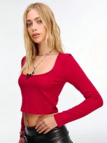 TypaGal Cherry Red Bowknot Square Neck Slim Fit Long Sleeves Rib-Knit Crop Top