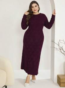 Mulvari Đầm dài tay cổ tròn cỡ lớn đơn giản, mặc thường ngày, mặc mùa đông - Màu đỏ tím - Xem 6