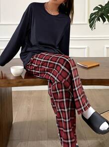 DAZY Casual Loose Top & Plaid Pattern Pants Homewear Set Pajama - Blue - View 3
