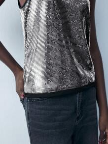 Maija 女士亮片圆领无袖背心，优雅，适合秋季 - 銀色 - 查看 9