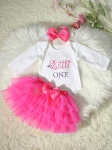SHEIN Newborn Girl Photography Props Baby Girl Coming Home Outfit 1 Month Baby Girl Romper Props With TUTU Skirt And Bow Headband Newborn Shower Gift - Hot Pink - View 8