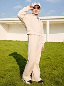 SHEIN 2 件套女孩休闲风格连帽拉链上衣和宽松长款运动裤套装，时尚 - 杏色 - 查看 1