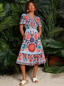 Travachic Floral Print Butterfly Sleeve Ruffle Hem Women Dress,Fall Women Dresses - Multicolor - View 4