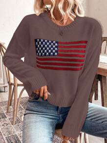 SHEIN LUNE Women USA Flag Pattern Crew Neck Drop Shoulder Long Sleeve Casual Sweater, Autumn Knit Pullover Fall Winter - Multicolor - View 6