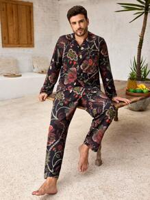 Manfinity ChillVibe 2pcs Men Floral Print Long Sleeve Lapel Neck Single Breasted Top & Pants Pajama Set - Black - View 7