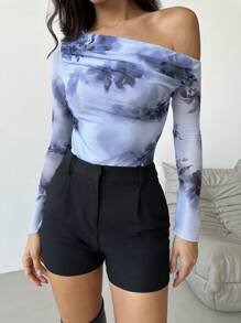 Firerie Eleganter, romantischer Damen Bodysuit mit komplexem Batik-Blume Muster und asymmetrischer Schulter, Mesh-Langarm, geeignet für Urlaub und Alltag