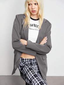 SHEIN Unity 一件女士灰色简约宽肩带收腰休闲西装外套，秋冬 - 深灰色 - 查看 5