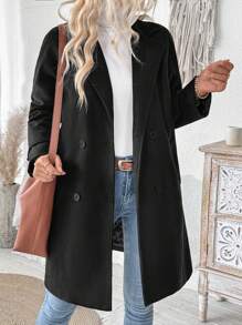 SHEIN LUNE 女装英伦复古优雅休闲度假居家聚会秋冬黑色羊毛夹棉内衬保暖加厚带侧袋插肩袖长袖西装领纽扣中长款大衣外套