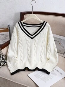 Tween Girl 纯白配黑条纹 V 领条纹麻花针织休闲毛衣，秋冬保暖，返校日穿 - 白色 - 查看 2