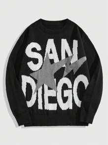 ROMWE MEN Prep 男士字母星星提花针织套头衫，秋冬街头时尚 - 黑色 - 查看 1