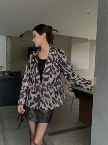INAWLY Women's Autumn Winter Leopard Print Lapel Neck Long Sleeve Single-Breasted Casual Jacket