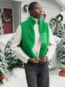 Maija Women Green Solid Color Fluffy & Teddy Sherpa Front Zipper Sleeveless Patchwork Collar Christmas Outerwear Casual Vest