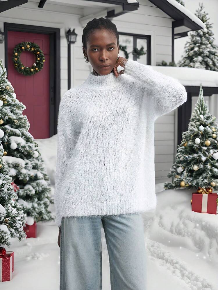 SHEIN Maija Damen locker sitzender, gemütlicher, flauschiger Stehkragen-Oversize Pullover mit Schneeflocken Muster, lässiger Weihnachtspullover