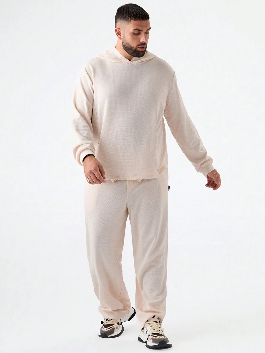 Mainfolk Plus Size Men's Loose Fit Casual Hoodie And Pants Set, For Fall Winter - Apricot - View 1