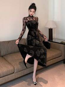DAZY 女士丝绒印花中长连衣裙，秋冬季，新年舞会礼服，优雅女士连衣裙 - 黑色 - 查看 7