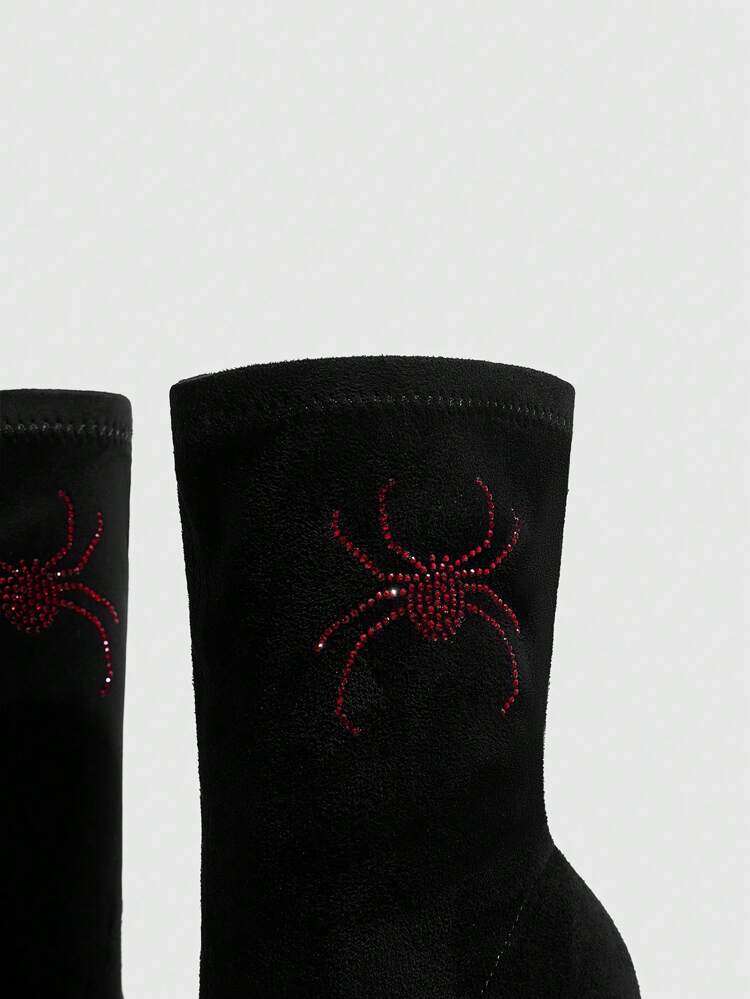 CUCCOO SZL Women's Pointed Toe Thin High Heel Ankle Boots, Sexy Black Party/Festival Mid-Calf Boots With Rhinestones For Christmas And New Year Holiday